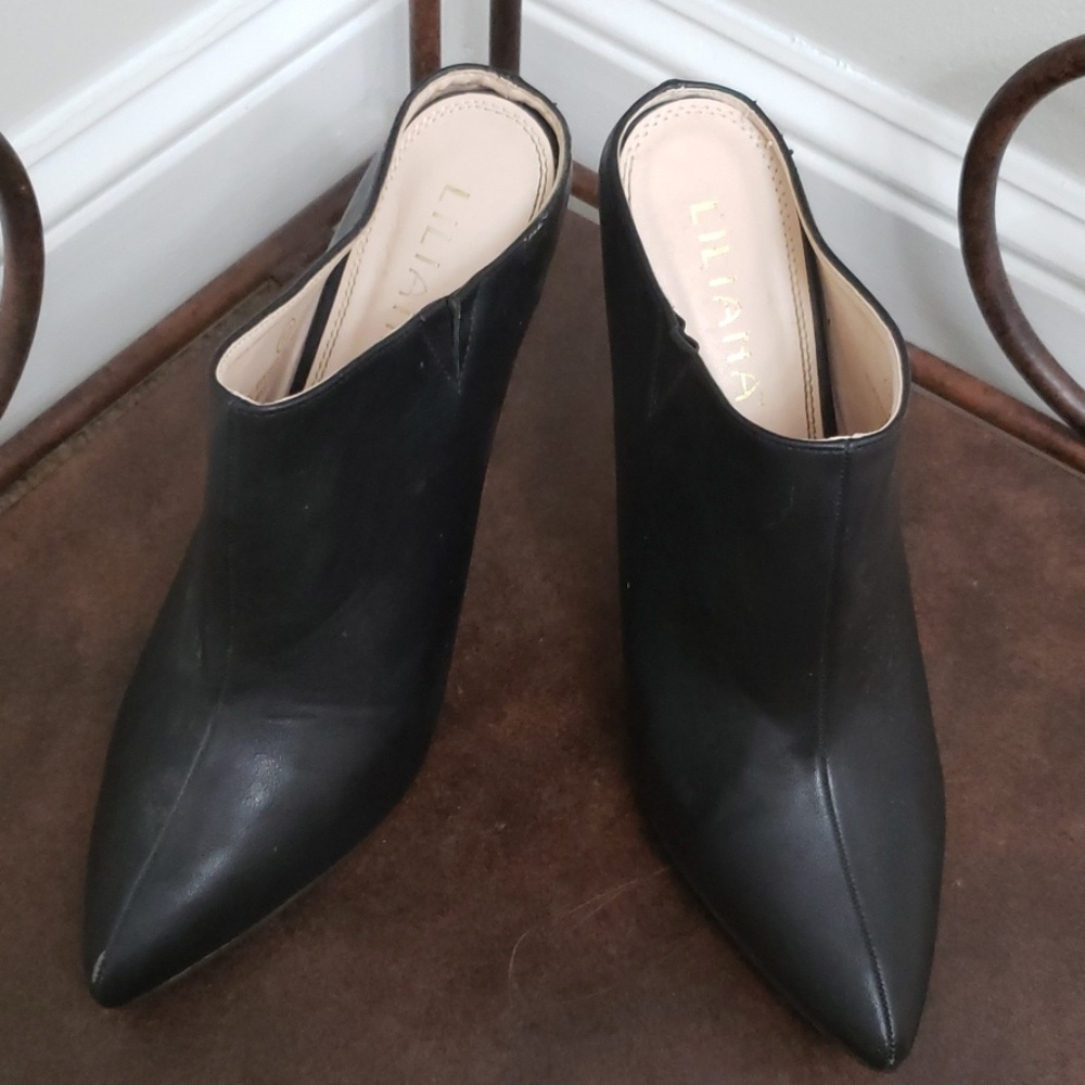 Black high heeled mules